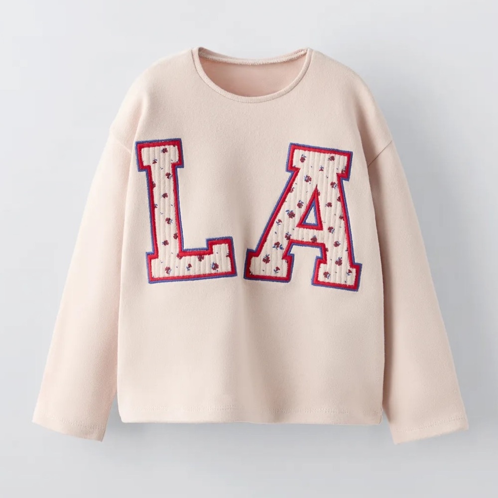 Zara Cream “LA” Sweatshirt with Floral Embroidery
